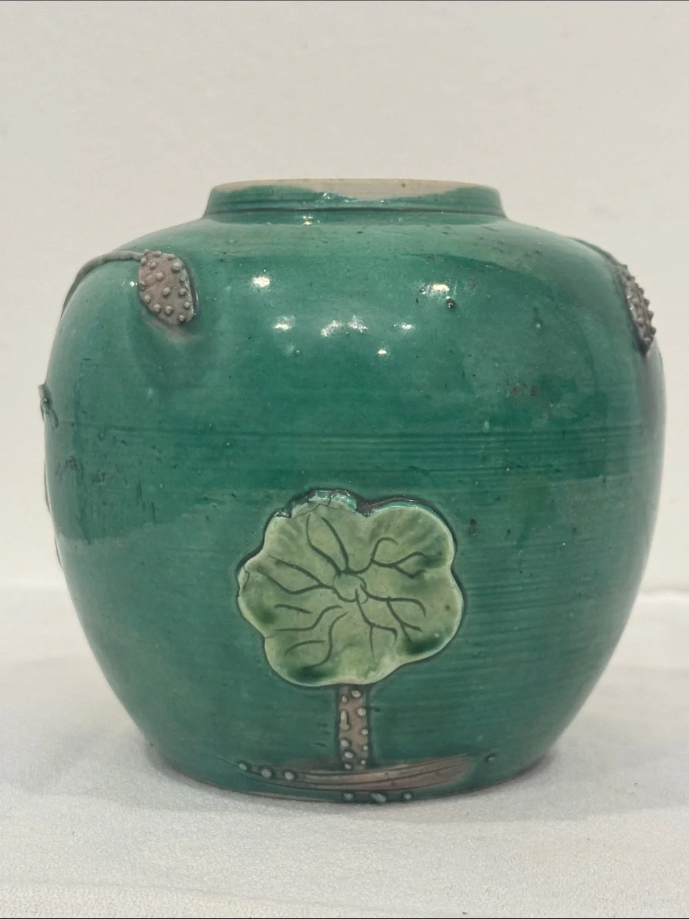 Antique Chinese Wang Bingrong Green Relief Porcelain Ginger Jar Crane & Lotus 4”